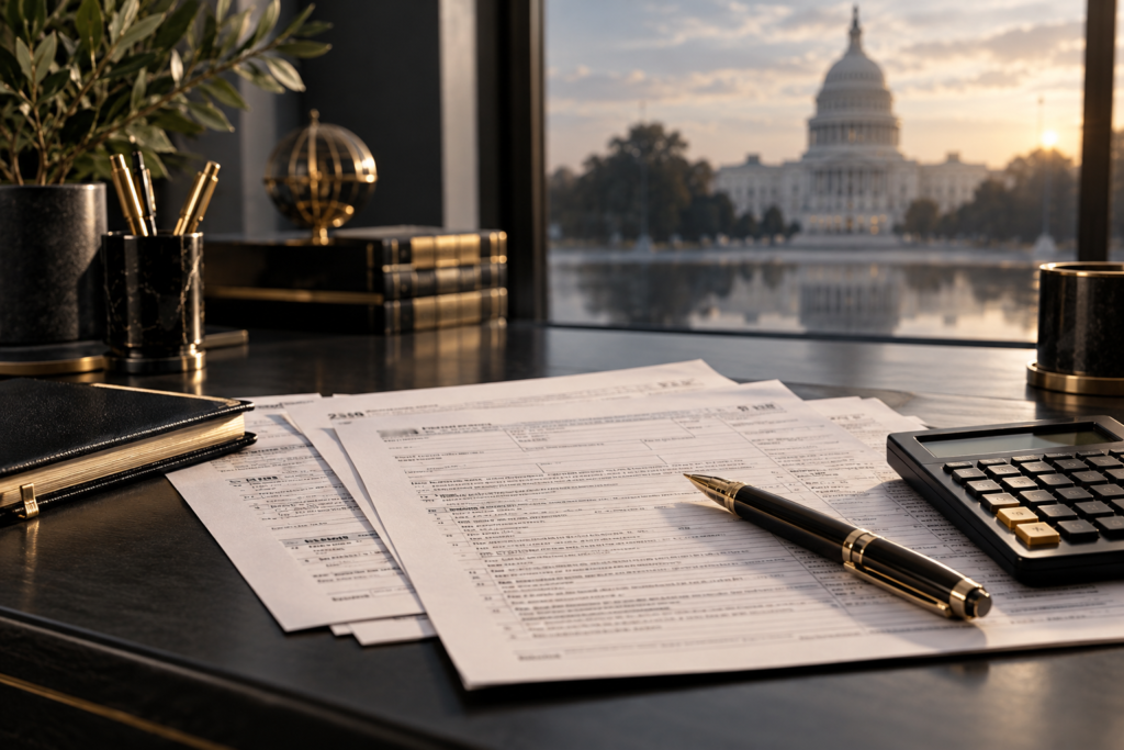 Tax planning documents and the U.S. Capitol representing 2026 tax law changes